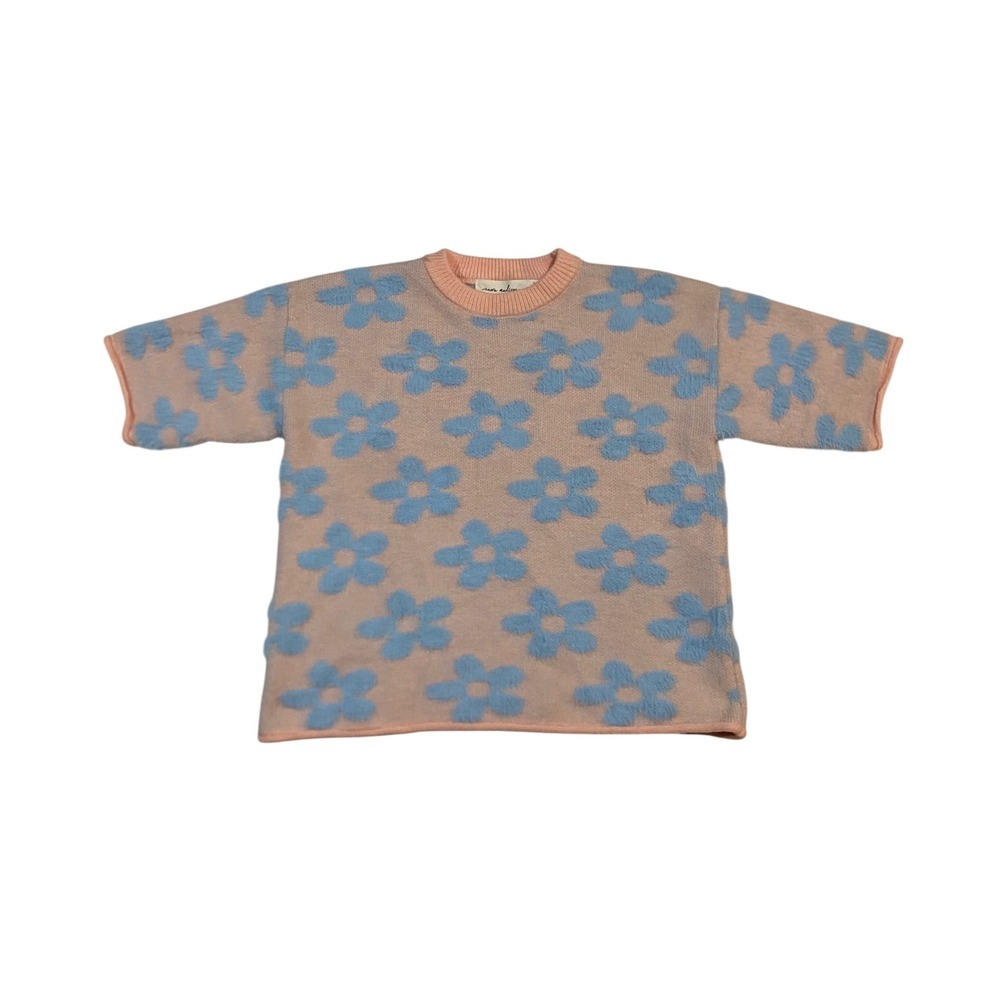 Nora Madison Kids Peach Pink Blue Fuzzy Floral Short Sleeve Sweater Top 10-12Y